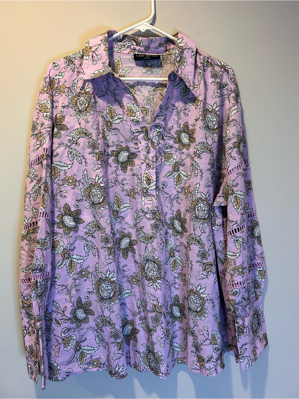Lane Bryant Women Collared Lilac Floral Top Plus Size 22/24 Cotton Peasant Boho